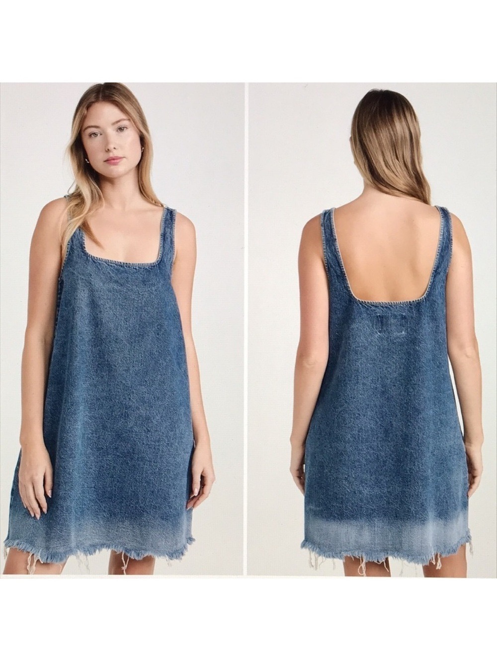 Closed Short Denim Tank Dress Mid Wash Blue Square Neck Raw Hem XS